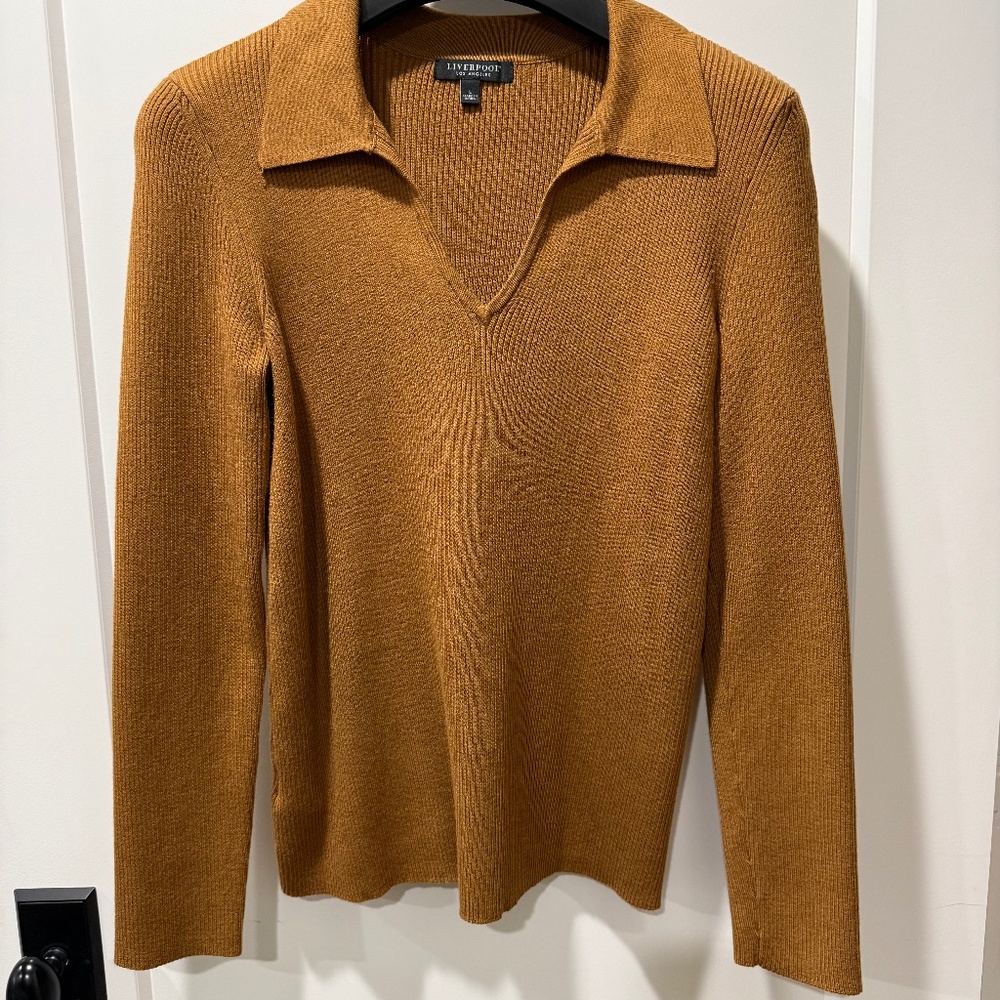Liverpool, tan/gold pullover sweater with collar, size L